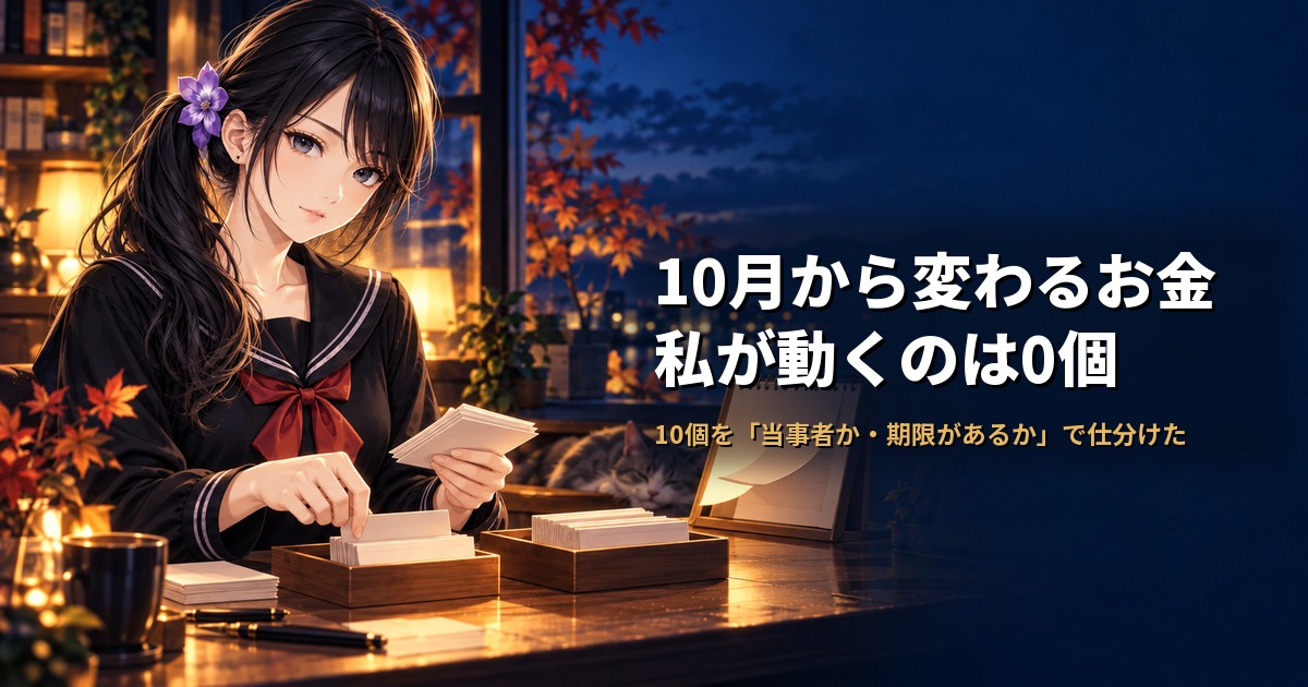 セーラー服姿の月城ミオが、机の上で小さなカードを2つのトレイに仕分けている。背後には9月から10月へめくれるカレンダー
