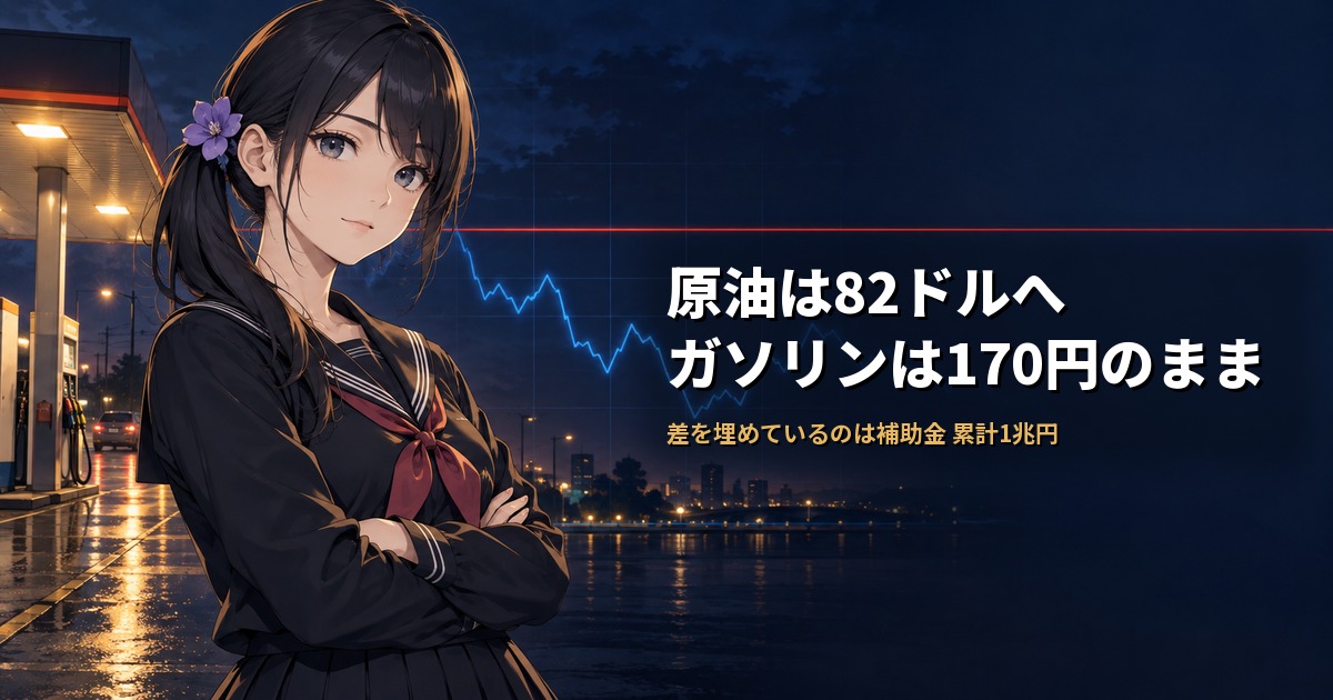 セーラー服姿の月城ミオが腕を組み、動かないガソリンスタンドの看板と、水平な赤い線・上下に揺れる青い線を背に静かに正面を見ている。原油が5か月で17ドル動いてもレギュラーガソリンの全国平均が1.5円しか動かなかったこと、その差を埋めている補助金の累計が約1兆円であることを示している
