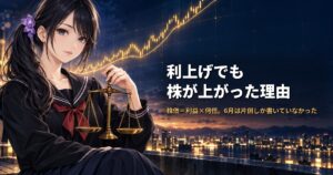セーラー服姿の月城ミオが天秤を持ち、背後に金色の右肩上がりのチャートが光っている