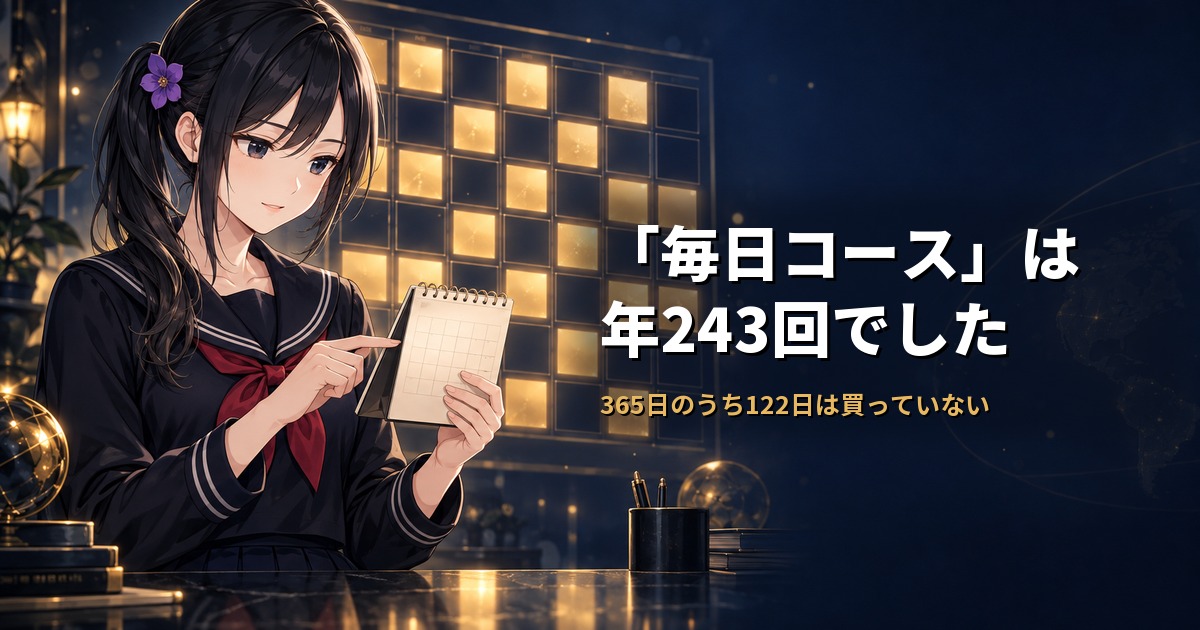セーラー服姿の月城ミオが小さなカレンダーを両手に持ち、指先で日数を数えている。背後には光るマス目のカレンダーが広がり、そのうち3分の1ほどのマスだけが暗いまま残っている