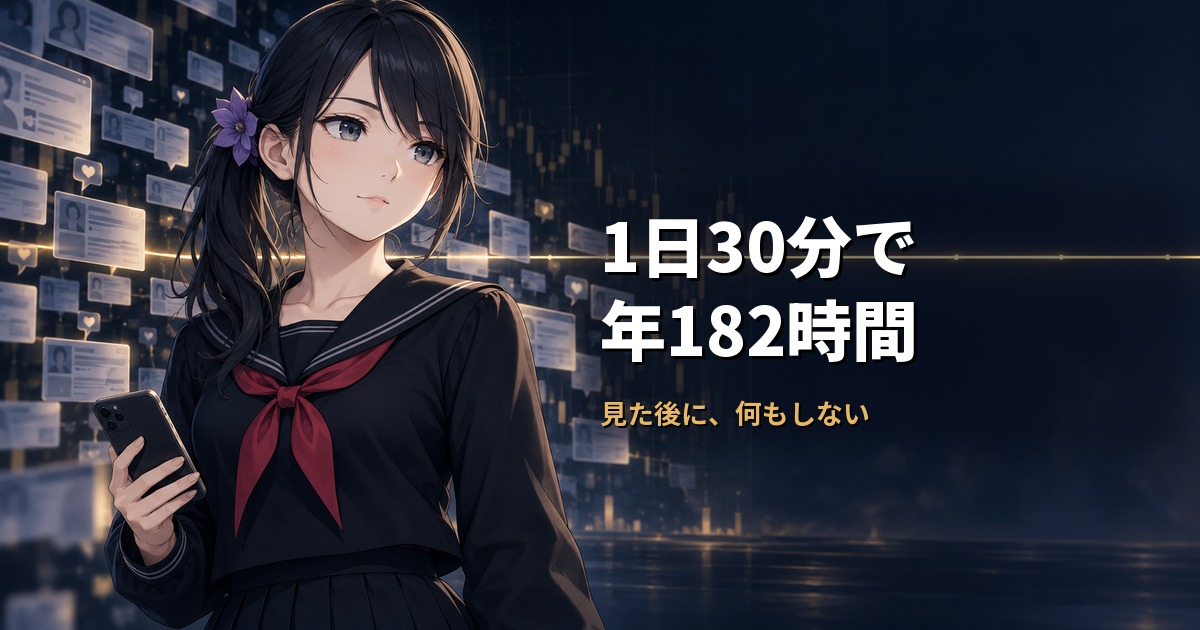 セーラー服姿の月城ミオがスマートフォンを手に下ろしたまま静かに前を見ている。背後には通知や投稿が積み上がっているが、その中を1本の水平線が乱れずまっすぐ通っており、情報の量が増えても持ち方は変わらないことを示している