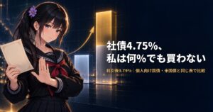 サイドポニーテールに紫の花飾りをつけたセーラー服姿の月城ミオが、白紙の証書を手のひらで静かに押し返している。背景には灰色と橙色に分かれた積み上げ棒が浮かぶ