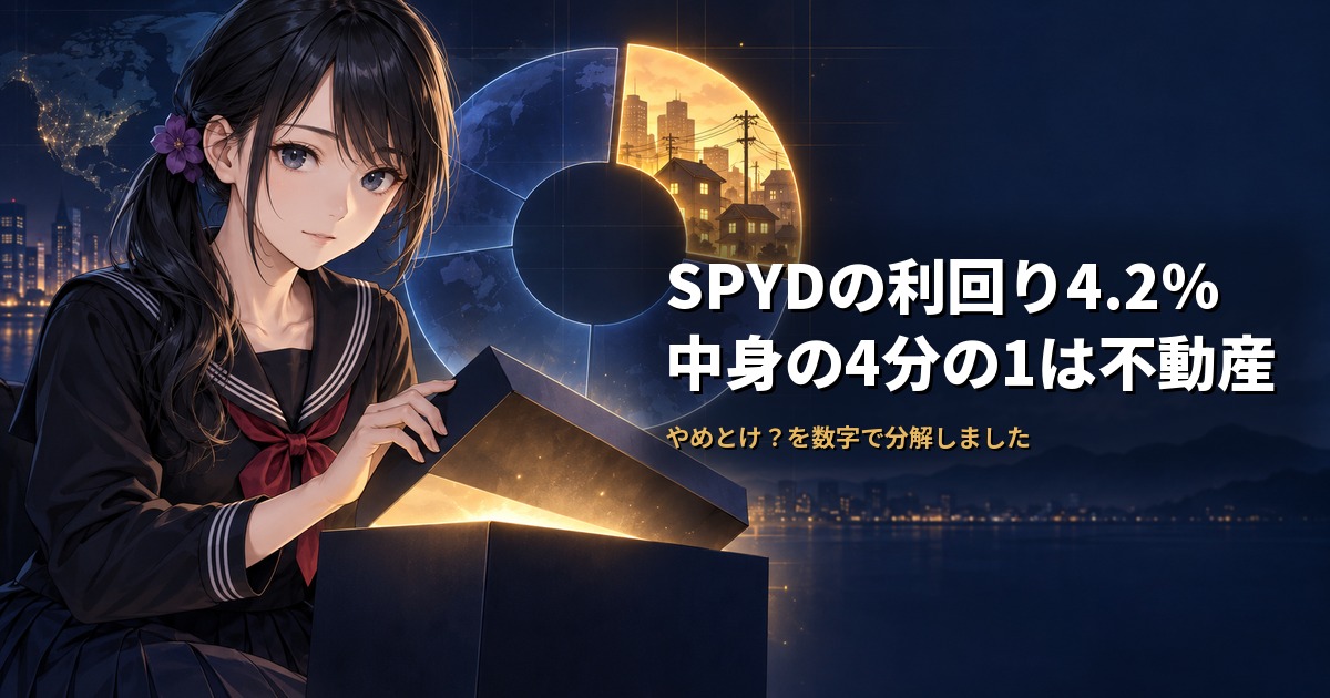 セーラー服姿の月城ミオが、宙に浮かぶ大きなドーナツ型の円グラフのふたを開けるように手を上げている。円グラフの4分の1だけが琥珀色に光り、その中に建物と送電線の影が見える