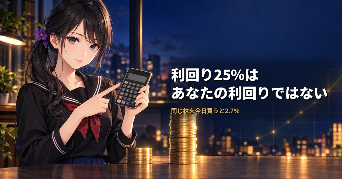 セーラー服姿の月城ミオが電卓を持ち、高さの違う2つの金貨の山の前に立っている