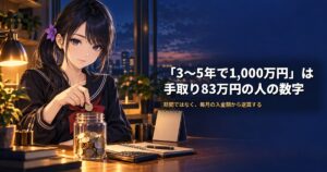 セーラー服姿の月城ミオがガラス瓶に硬貨を入れ、机には卓上カレンダーと電卓が置かれている