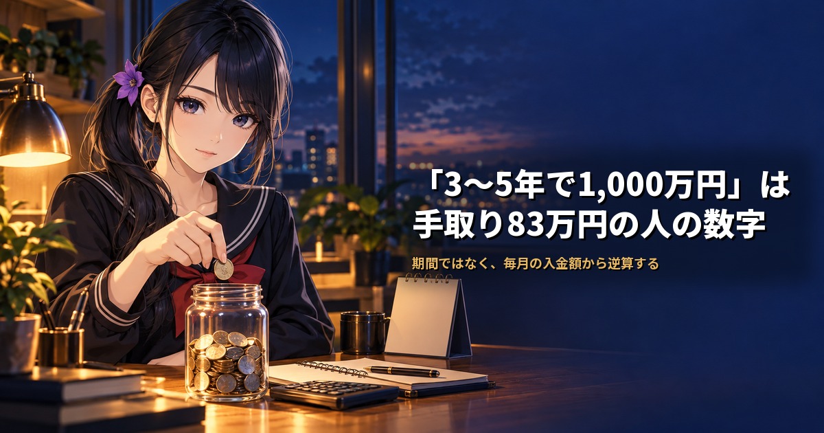 セーラー服姿の月城ミオがガラス瓶に硬貨を入れ、机には卓上カレンダーと電卓が置かれている
