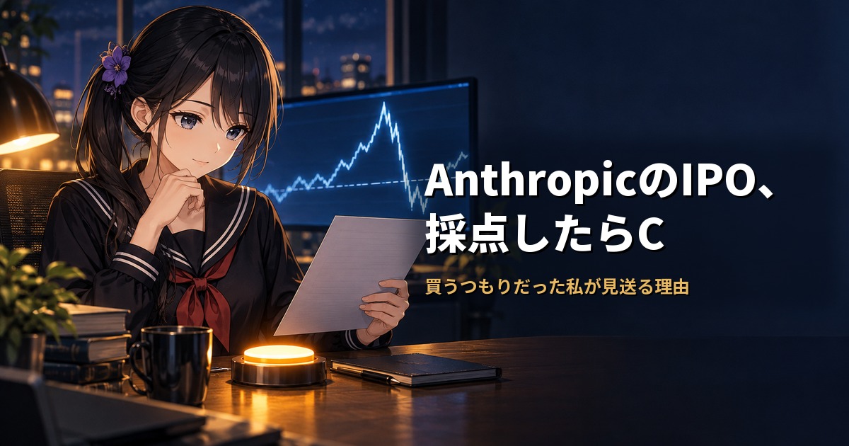 セーラー服姿の月城ミオが机の上の光るボタンから手を引き、書類を読んでいる。背後の画面には山と谷のある株価の線