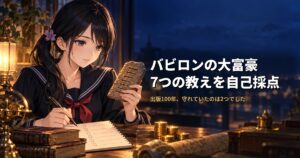 セーラー服姿の月城ミオが、古い粘土板と金貨を前に、7つの項目のチェック表にペンを走らせている