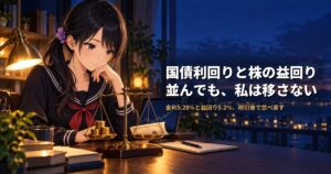 セーラー服姿の月城ミオが机の上の天秤を見つめ、片方に硬貨、もう片方に証書が載っている
