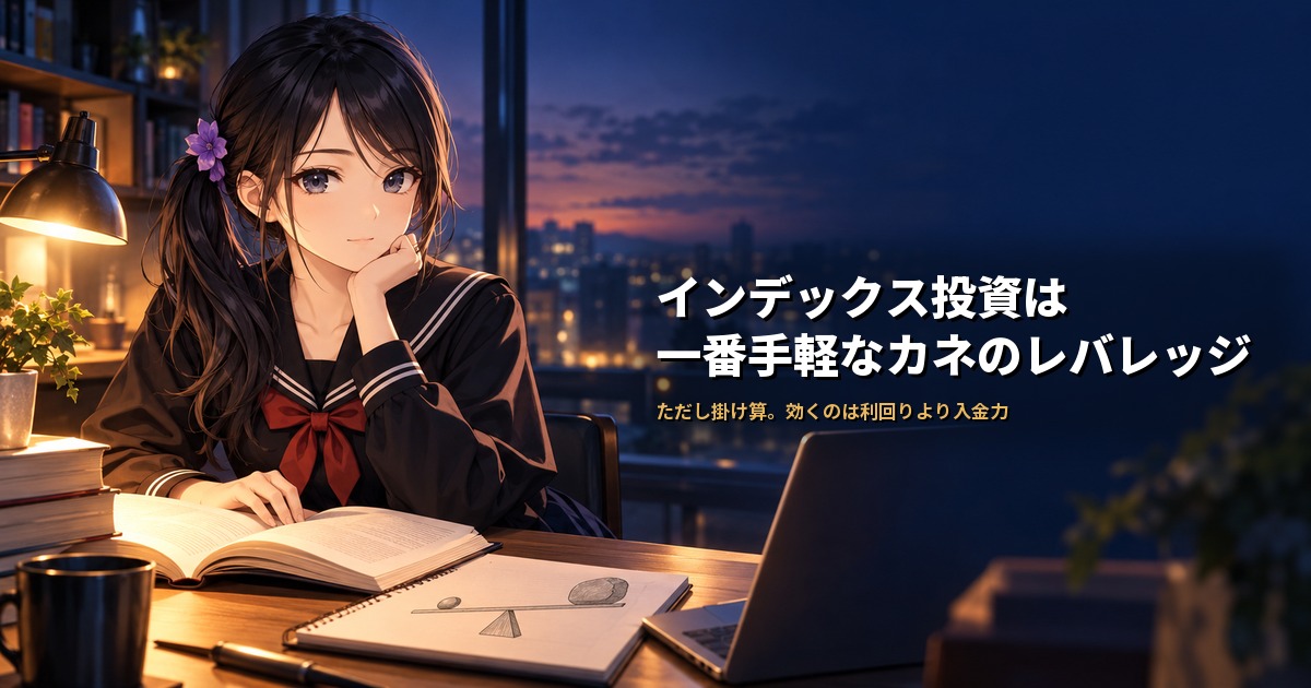 セーラー服姿の月城ミオが開いた本に手を置き、机にはてこの図を描いたノートが置かれている