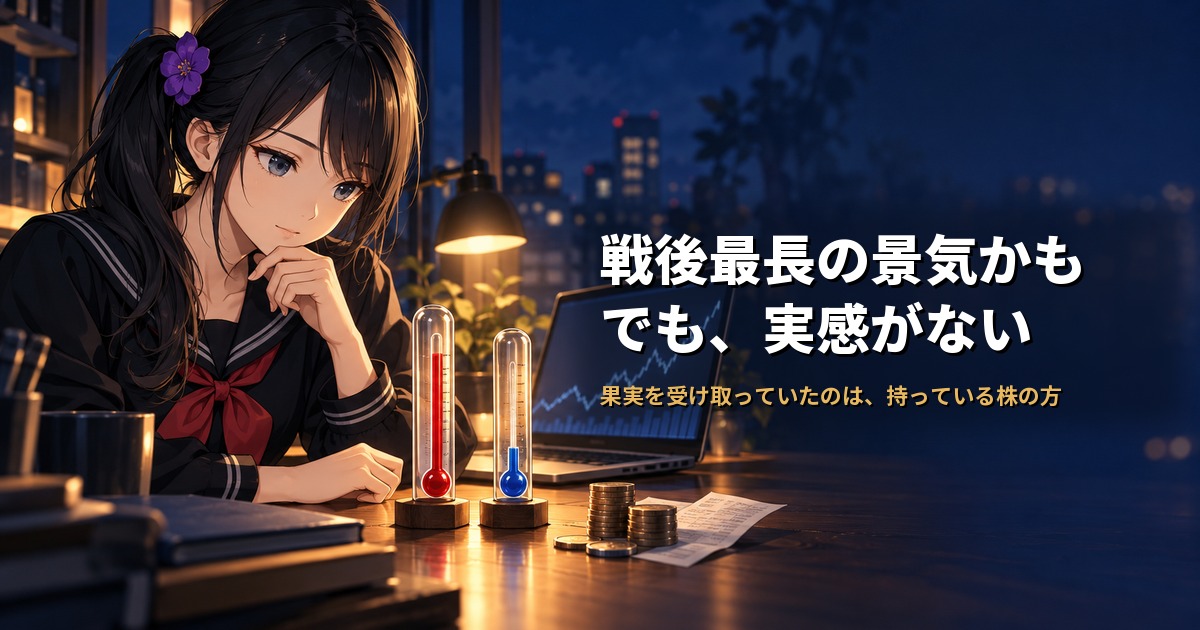セーラー服姿の月城ミオが、机の上で赤く高い温度計と青く低い温度計を見比べている