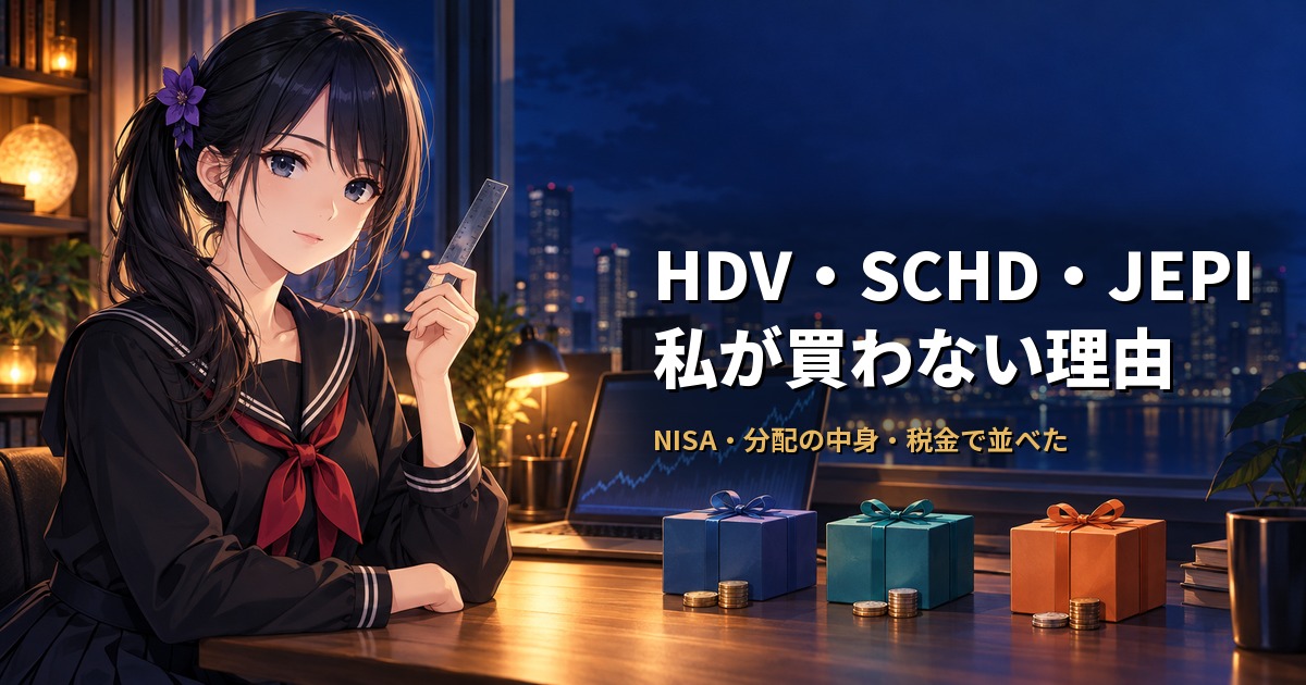 セーラー服姿の月城ミオが定規を手に、机に並んだ3つの箱と硬貨を見比べている