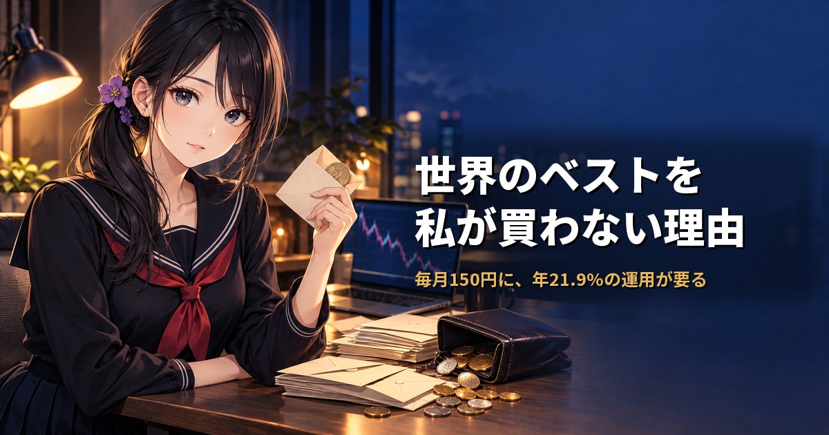 セーラー服姿の月城ミオが、硬貨の入った封筒を手に、同じ財布へ戻っていくお金を見ている