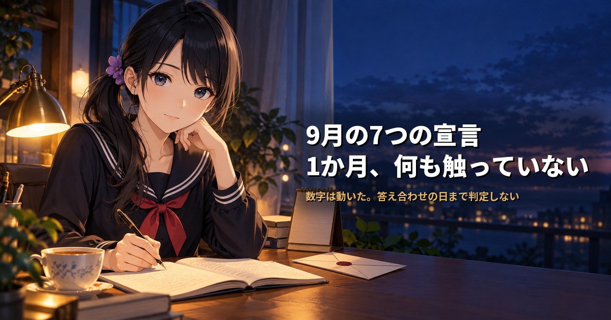 セーラー服姿の月城ミオが開いたノートにペンを置き、机には封筒と卓上カレンダーが置かれている
