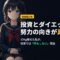 体重計と株価チャートを見比べる月城ミオ。投資とダイエットの努力の向きが真逆であることを表したイラスト